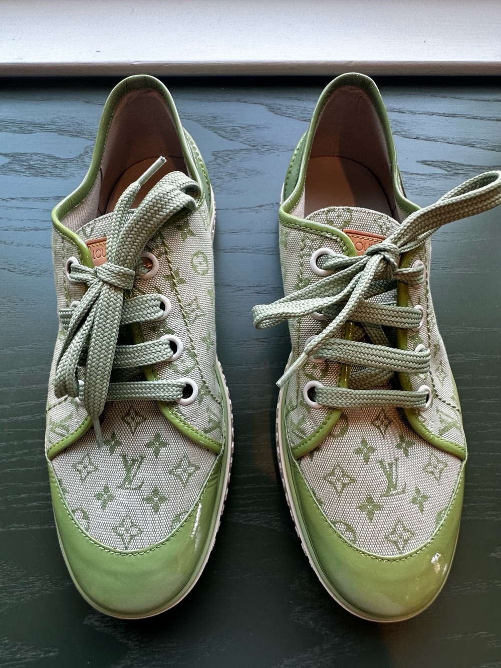 Vintage (Authentic (NEVER WORN) Vuitton Green Monogram Canvas Low-Top Sneakers